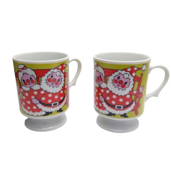 Vintage Mr And Mrs Claus Christmas Footed Ceramic Mugs - Picture 1 of 5